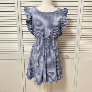 Linen Blend NICOLE MILLER New York Dress Blue Stripe Ruffle Sleeve Smocked Waist